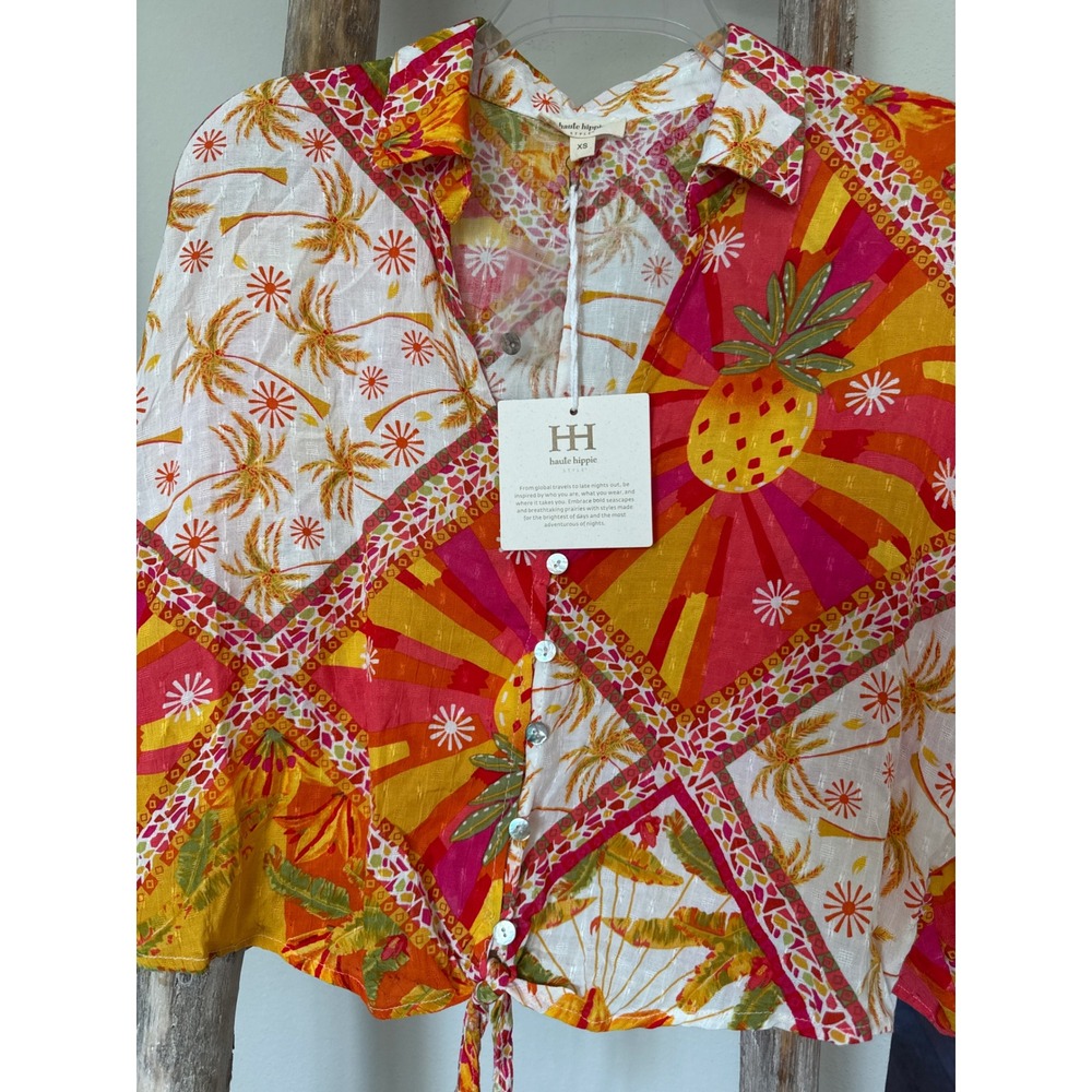 Haute Hippie LS Crop Top Vibrant Button Up Tie Shirt colorful‎ patchwork  NWT - Picture 8 of 8